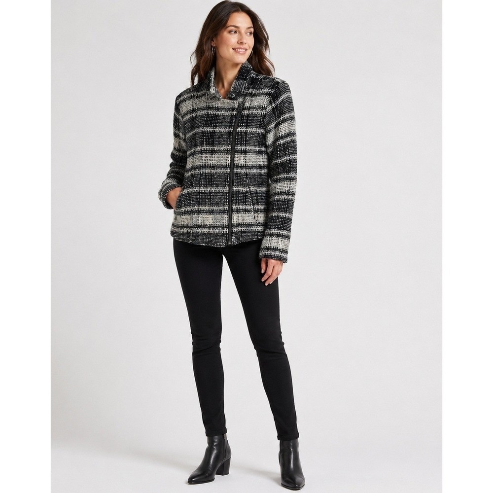 Lucky Brand Jacket Women Medium Cream Black Cotton Knit Asymmetrical Zip Pockets